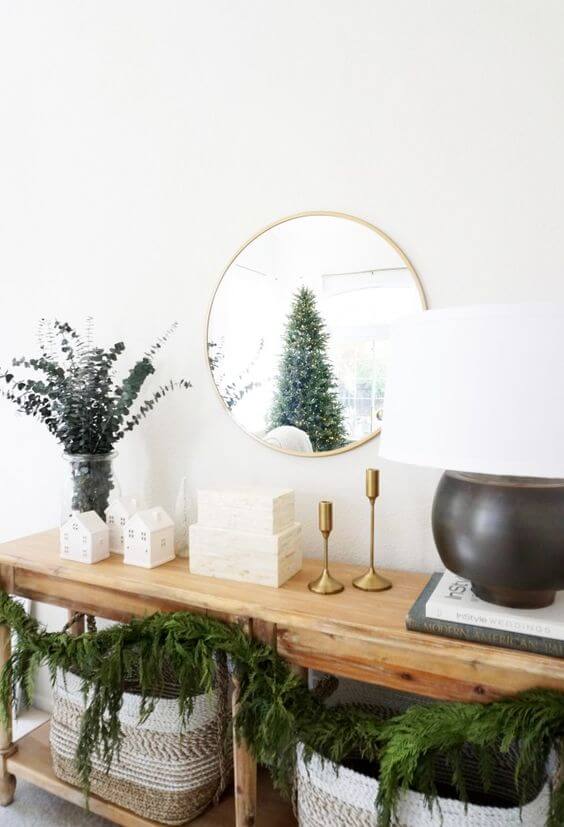 neutral entryway table christmas decor