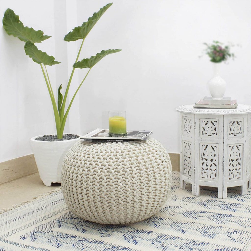 white cotton ottoman pouf