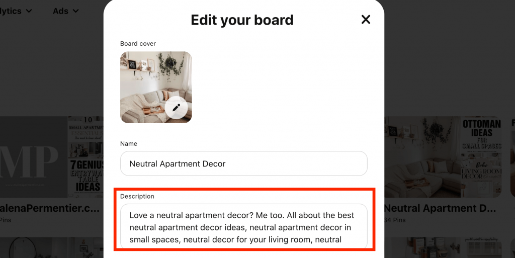 pinterest board description keywords