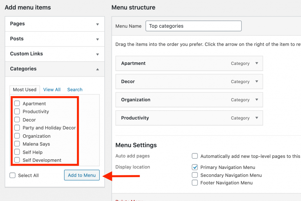 adding categories to primary menu